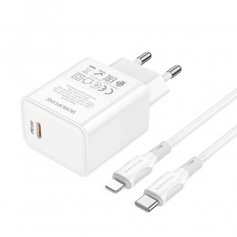Блок питания сетевой Type-C Borofone BA77A, Insightful, 30Вт, PD/ QC/ FCP/ AFC, кабель Type-C-8-pin, цвет: белый
