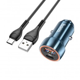 Блок питания автомобильный 1 USB, Type-C HOCO Z46A, Blue whale, QC, AFC, FCP, кабель USB - Type-C, 1.0м, цвет: синий