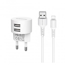 Блок питания сетевой 2 USB Borofone BA23A, Brilliant, 2400mA, кабель 8 pin, цвет: белый