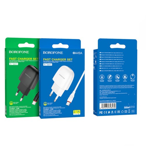 Блок питания Borofone BA49A 1 USB, 2100mA, белый, Type-C
