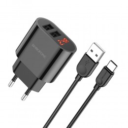 Блок питания сетевой 2 USB Borofone BA63A, Richy, 2400mA, кабель Type-C, цвет: чёрный
