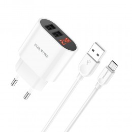 Блок питания сетевой 2 USB Borofone BA63A, Richy, 2400mA, кабель микро USB, цвет: белый
