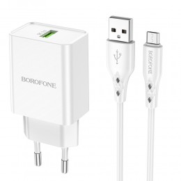 Блок питания сетевой 1 USB Borofone BN5, Jingrui, 18Вт, QC3.0, QC2.0, FCP, AFC, кабель микро USB, цвет: белый
