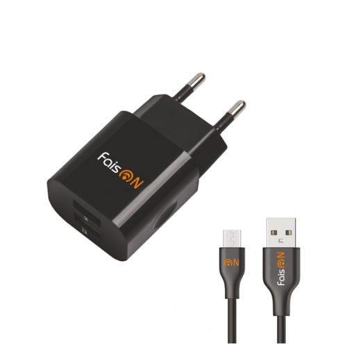 Блок питания сетевой 2 USB FaisON C-464, ONCE, 2100mA, кабель микро USB, цвет: чёрный