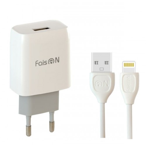 Блок питания сетевой 1 USB FaisON C-72A, Vital, 2100mA, кабель  8 pin, цвет: белый