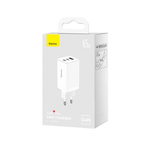 Блок питания сетевой 1 USB, 2 Type-C Baseus CCGAN65E5, GaN5 Pro, 5000mA, 65Вт, QC3.0, PD3.0, кабель Type-C 1.0м 100W, цвет: чёрный