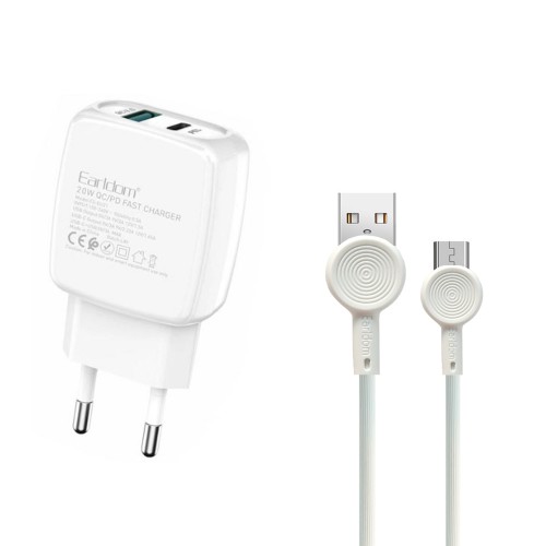 Блок питания сетевой 1 USB, Type-C Earldom ES-EU21, 3400mA, 20Вт, QC3.0, PD, кабель микро USB, цвет: белый