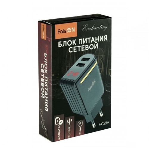 Блок питания сетевой 2 USB FaisON HC39A, Enchanting, 2400mAh, цвет: чёрный