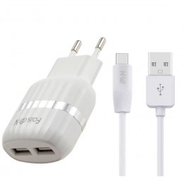 Блок питания сетевой 2 USB FaisON HC41, TWIN, 2100mA, кабель Type-C, цвет: белый