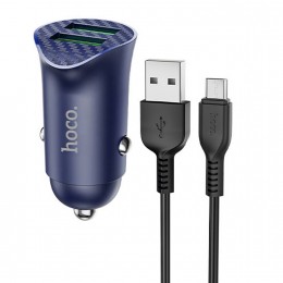 Блок питания автомобильный 2 USB HOCO Z39, кабель микро USB, цвет: синий