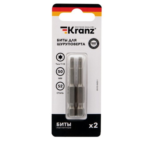 Биты для шуруповерта KRANZ, Torx, сталь S2, T10x50 мм, 2шт/уп, (арт.KR-92-0425-1)