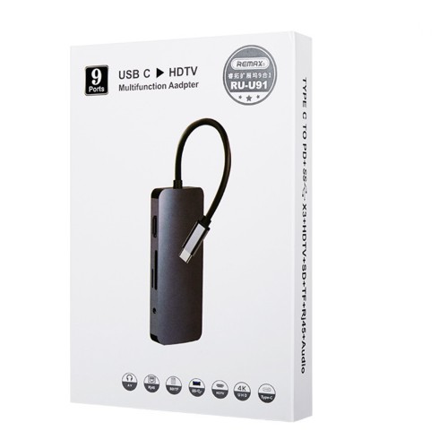 USB-концентратор Remax RU-U91, Retor Series, 9 гнёзд, 3хUSB, 1xType-C, цвет: серый