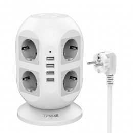Сетевой фильтр TESSAN JW402, 2.0м, 2.4A, 8 розеток, с заземлением, 2 кнопки питания, 4 USB выхода, цвет: серый
