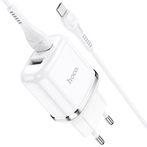 Блок питания сетевой 2 USB HOCO N4, Aspiring, 2400mA, кабель микро USB, цвет: белый