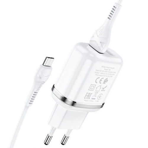 Блок питания сетевой 2 USB HOCO N4, Aspiring, 2400mA, кабель микро USB, цвет: белый