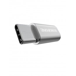 Переходник Type-C(m) - микро USB(f) Borofone BV4, плоский, алюминий, цвет: серебряный
