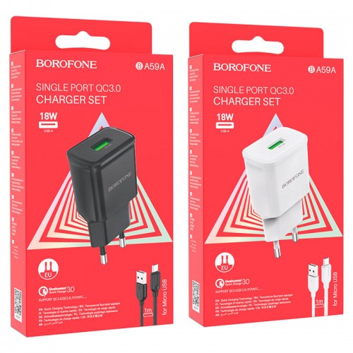 Блок питания сетевой 1 USB Borofone BA59A, Heavenly, 18Вт, QC3.0, кабель микро USB, цвет: белый