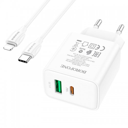 Блок питания сетевой 1 USB, Type-C Borofone BA67A, 3000mA, 20Вт, QC3.0, PD3.0, кабель Type-C, Type-C, 1.0м, цвет: белый