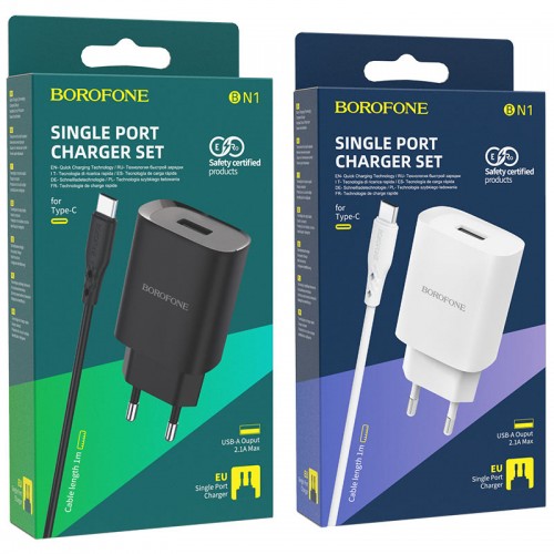 Блок питания сетевой 1 USB Borofone BN1, 2100mA, кабель Type-C, цвет: белый