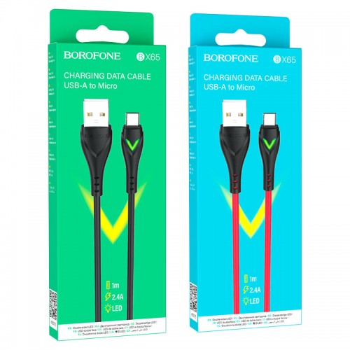 Кабель USB - микро USB Borofone BX65 Bright, 1.0м, круглый, 2.0A, силикон, подсветка, цвет: красный