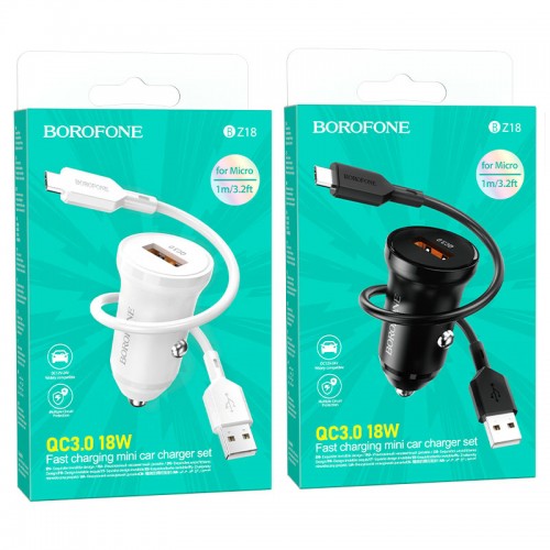 Блок питания автомобильный 1 USB Borofone BZ18, QC3.0, кабель микро USB, цвет: чёрный