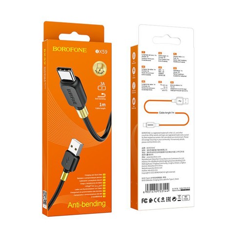 Кабель USB - Type-C Borofone BX59 Defender, 1.0м, 3,0А, цвет: чёрный, золотая вставка