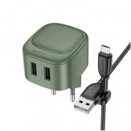 Блок питания сетевой 2 USB Borofone BAS21A, 5V, 2.1A, кабель USB - микро USB, 1.0м, цвет: зеленый