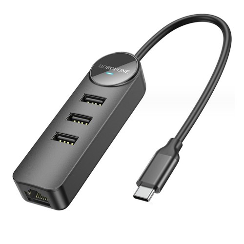 USB-концентратор Borofone DH6, Erudite 4-in-1, 4 гнезда, 3xUSB 2.0, RJ45, кабель Type-C 0.2м, цвет: чёрный