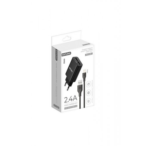 Блок питания сетевой 2 USB Exployd EX-Z-1485, EASY, 2.4A, кабель  8 pin, цвет: чёрный