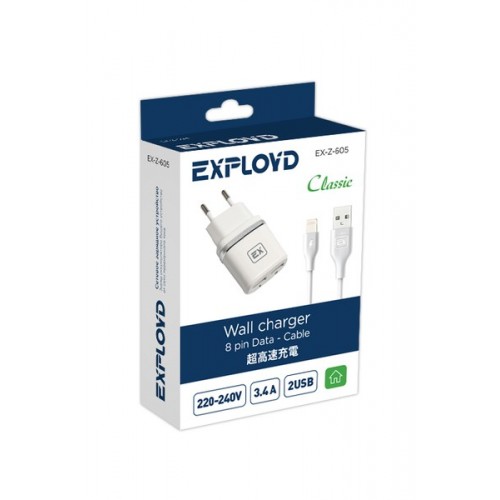 Блок питания сетевой 2 USB Exployd EX-Z-605, Classic, 1000mA, 2400mA, кабель 8 pin, цвет: белый