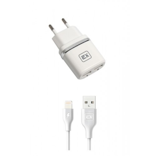 Блок питания сетевой 2 USB Exployd EX-Z-605, Classic, 1000mA, 2400mA, кабель 8 pin, цвет: белый