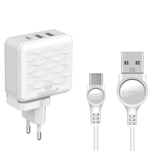 Блок питания сетевой 2 USB, Type-C Earldom ES-EU23, PD, кабель микро USB, цвет: белый