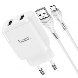 Блок питания сетевой 2 USB HOCO N7, Aspiring, 2100mA, кабель микро USB, цвет: белый