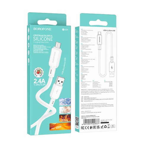 Кабель USB - микро USB Borofone BX94 Crystal Color, 1м, 2.4A, белый
