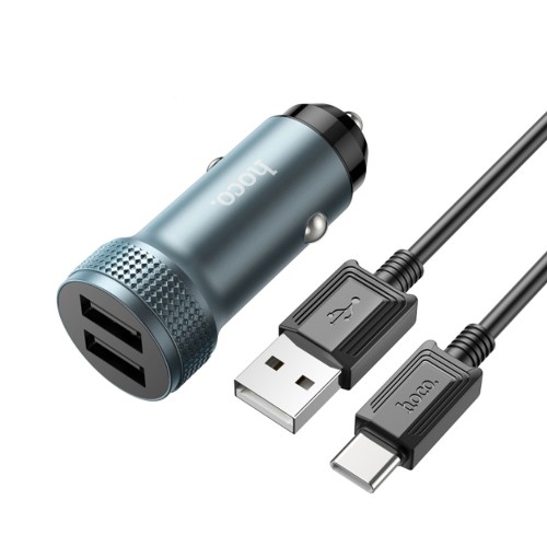 Блок питания автомобильный 2 USB HOCO Z49, Level, кабель Type-C 1.0м, цвет: серый