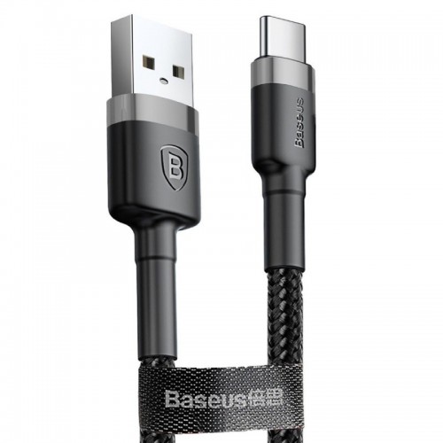 Кабель USB - Type-C Baseus Cafule, 2.0м, круглый, 2.0A, нейлон, цвет: серый, чёрная вставка