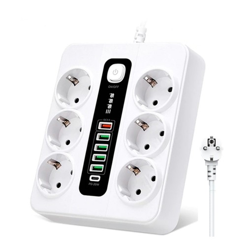 Удлинитель электрический Power Socket BKL-11, 2.0м, 6 розеток, Type-C, 1 USB QC3.0, 4 USB 3,4A, выключатель, PD20W, цвет: белый