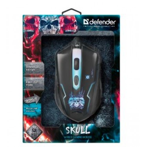 Мышь проводная Defender, GM-180L, Skull, 3200 DPI, оптическая, USB, 6 кнопок, цвет: чёрный, (арт.52180)