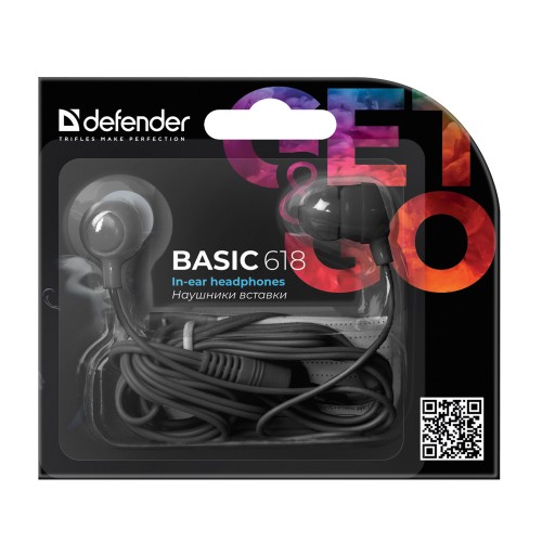 Наушники внутриканальные Defender 618, Basic, Jack 3.5мм, 1.2 м, цвет: чёрный