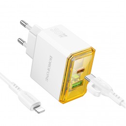 Блок питания сетевой USB, Type-C Borofone BAS32A, Treasure, 5V, 3.0A, 30Вт, PD, QC 3.0, кабель Type-C, 8-pin, 1.0м, цвет: белый