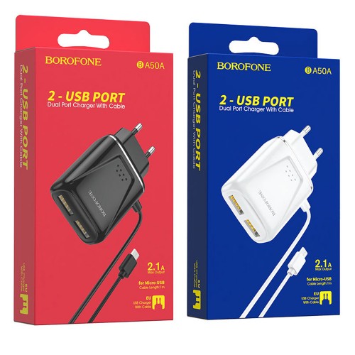 Устройство зарядное сетевое micro USB, 2 USB Borofone, BA50A, 2100mAh, цвет: чёрный