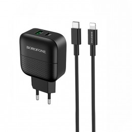 Блок питания сетевой 1 USB, 1 Type-C Borofone BA46A, Premium, 18Вт, QC3.0, QC2.0, FCP, SCP, AFC, PD3.0, кабель 8 pin-Type-C, цвет: чёрный
