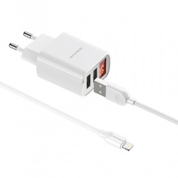 Блок питания сетевой 2 USB Borofone BA58A, Mighty, 2.4A, кабель 8 pin, цвет: белый
