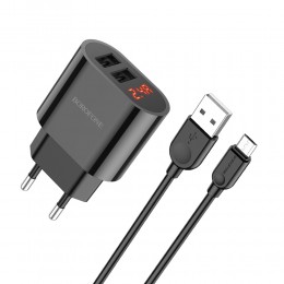 Блок питания сетевой 2 USB Borofone BA63A, Richy, 2400mA, кабель микро USB, цвет: чёрный
