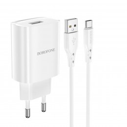 Блок питания сетевой 1 USB Borofone BN1, 2100mA, кабель микро USB, цвет: белый
