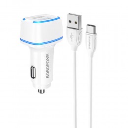 Блок питания автомобильный 2 USB Borofone BZ14, Max, 2400mA, кабель Type-C, цвет: белый
