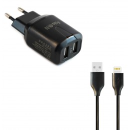 Блок питания сетевой 2 USB FaisON C-19, Grade, 2400mA, кабель 8 pin, 1.0 м, цвет: чёрный