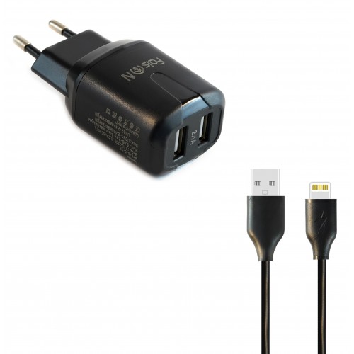 Блок питания сетевой 2 USB FaisON C-19, Grade, 2400mA, кабель 8 pin, 1.0 м, цвет: чёрный