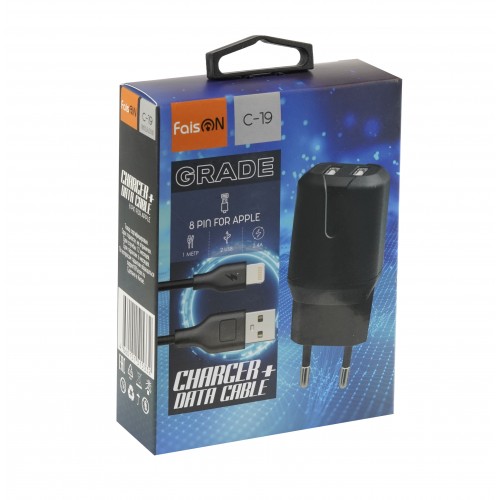 Блок питания сетевой 2 USB FaisON C-19, Grade, 2400mA, кабель 8 pin, 1.0 м, цвет: чёрный