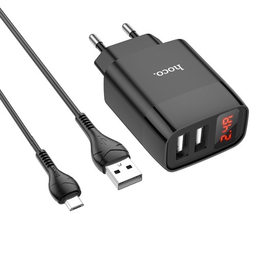 Блок питания сетевой 2 USB HOCO C86A, Illustrious, 2400mA, кабель микро USB, цвет: чёрный